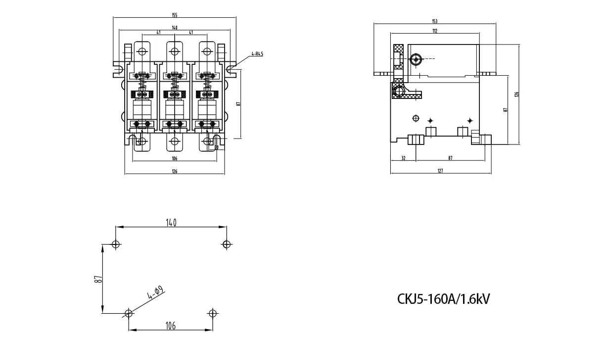 CKJ5-160/250/400/630/800 low voltage Horizontal vacuum contactor Installation Dimensions Diagram