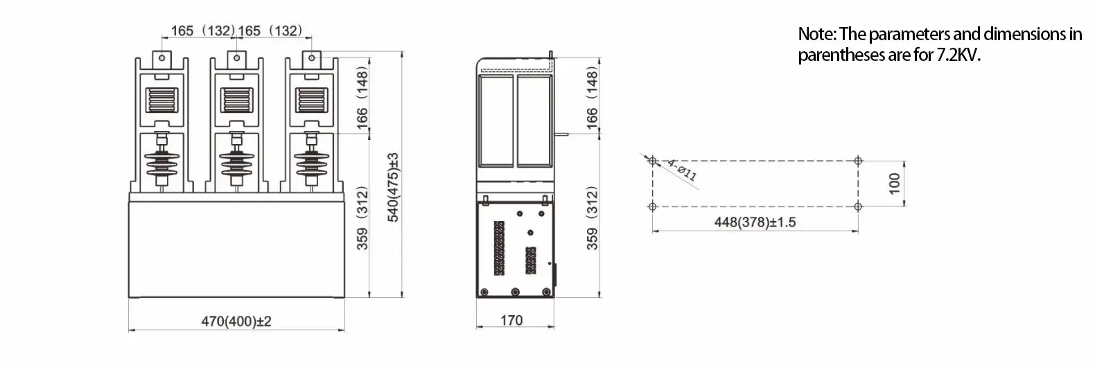 JCZ8C-7.2/12 series high voltage vacuum contactor Installation dimensions diagram