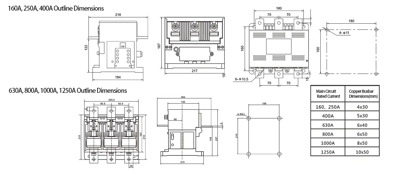 Low Voltage Vacuum Contactor (CKJ20-630/1250A) Installation Dimensions