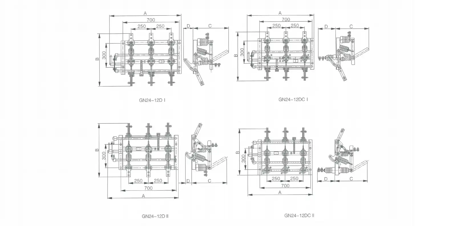 GN24-12 Indoor High-Voltage Disconnector Installation Dimensions Diagram