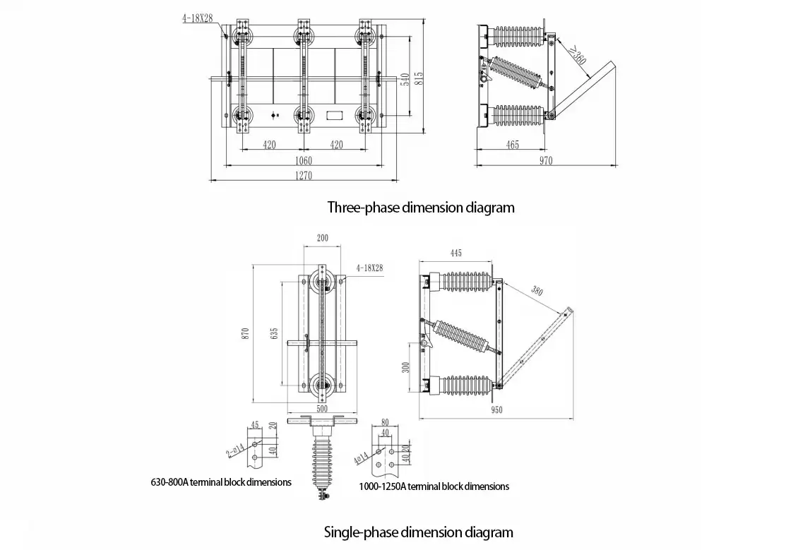 GN27-40.5 series indoor high-voltage disconnector Installation dimension diagram