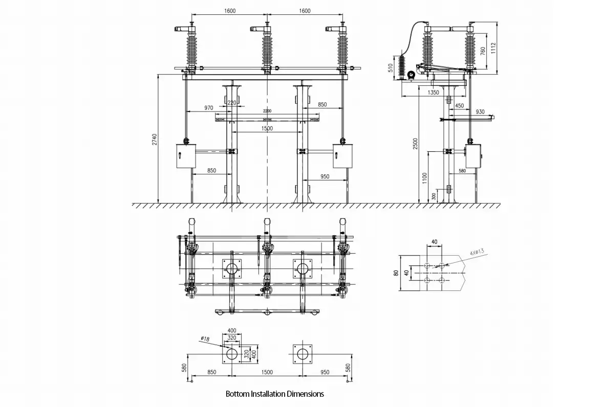 GW4-72.5 Outdoor High Voltage Disconnect Switch Installation dimension drawing