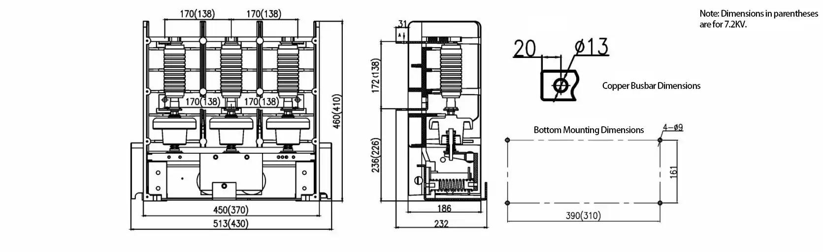 JCZ5-7.2/12 High Voltage Vacuum Contactor Outline Dimensions