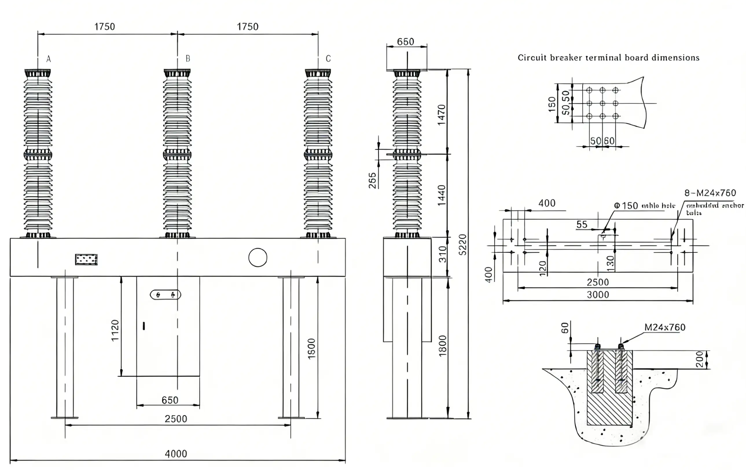 LW36-126 110kV 126kV Outdoor SF6 Circuit Breaker Installation dimension drawing
