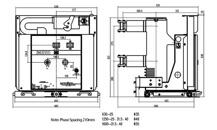 VS1-12 Handcart Type Indoor Vacuum Circuit Breaker Installation Dimensions